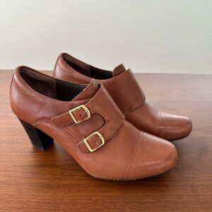 Clark’s Double Monk Strap Block Oxford Heels, Cognac Brown Gold Buckles